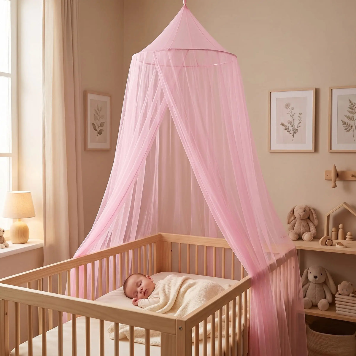 un ciel de lit rose pale qui crée un cocon de sécurité autour du bébé endormi