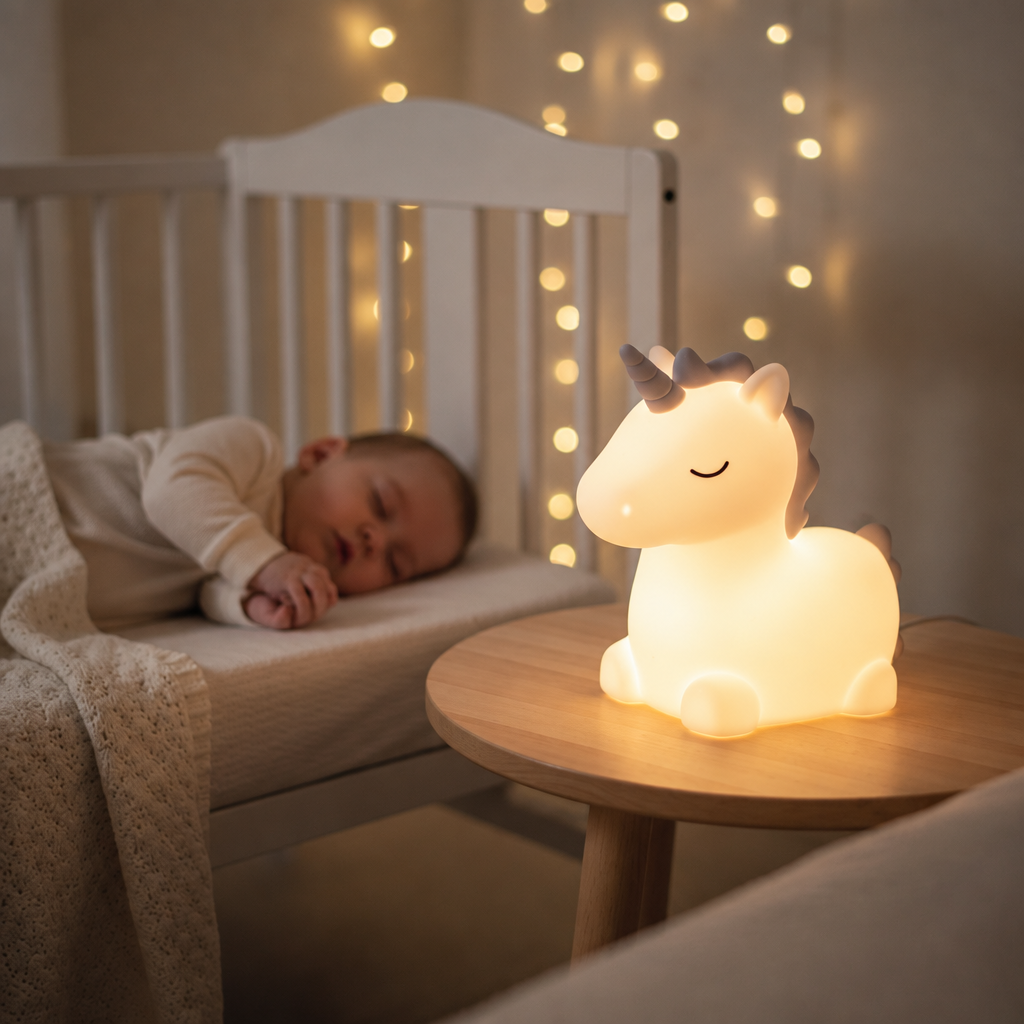 bébé qui dort paisiblement avec une veilleuse bébé licorne