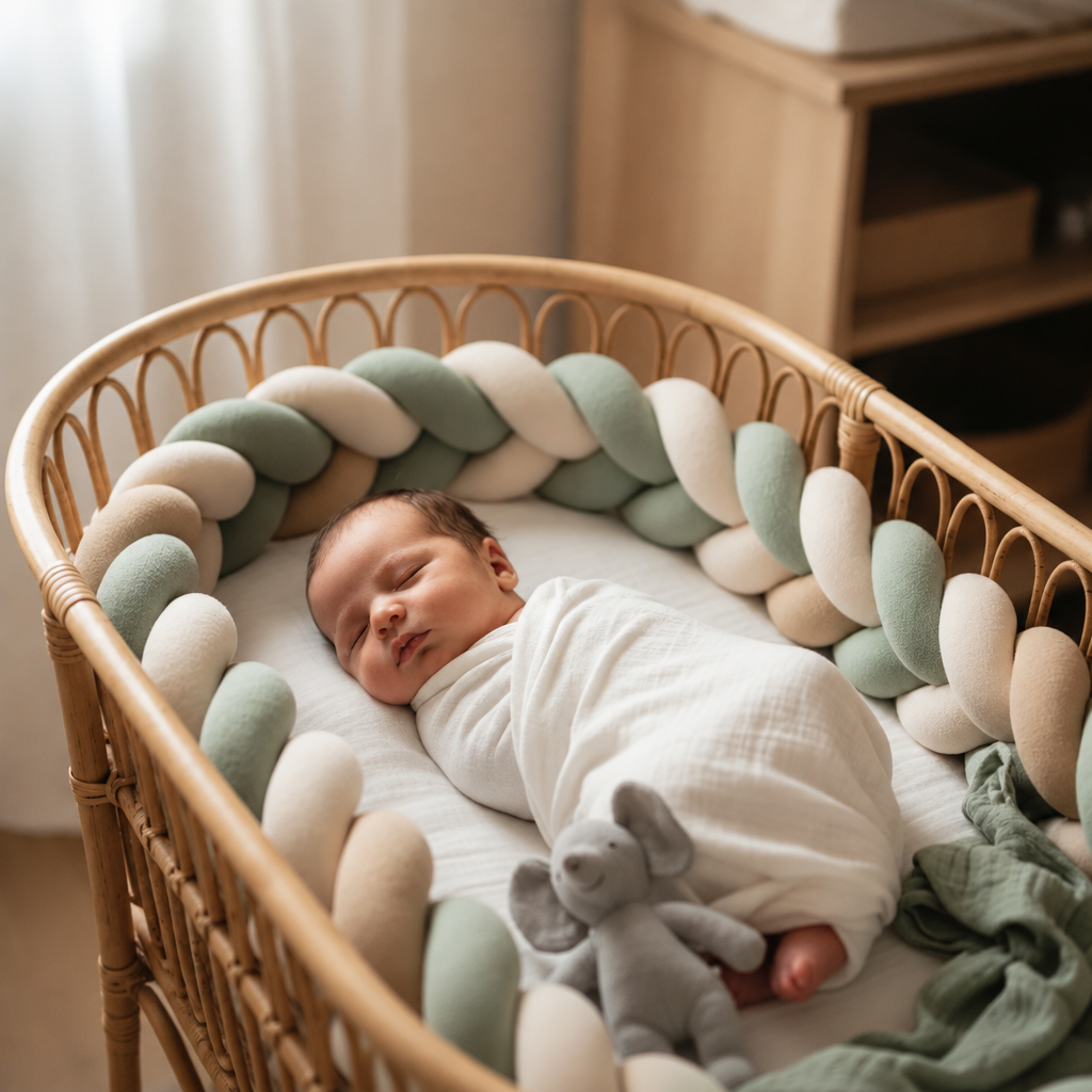 bébé emmailloté qui dort avec une tresse de lit dans un berceau
