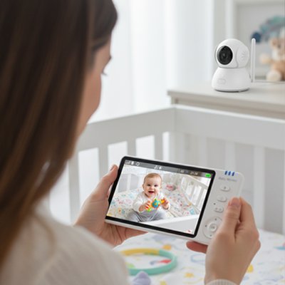 maman qui regarde sont bébé jouer a travers la caméra bébé