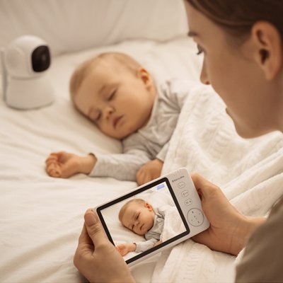 maman qui s'assure que bébé est confortable via la caméra bébé