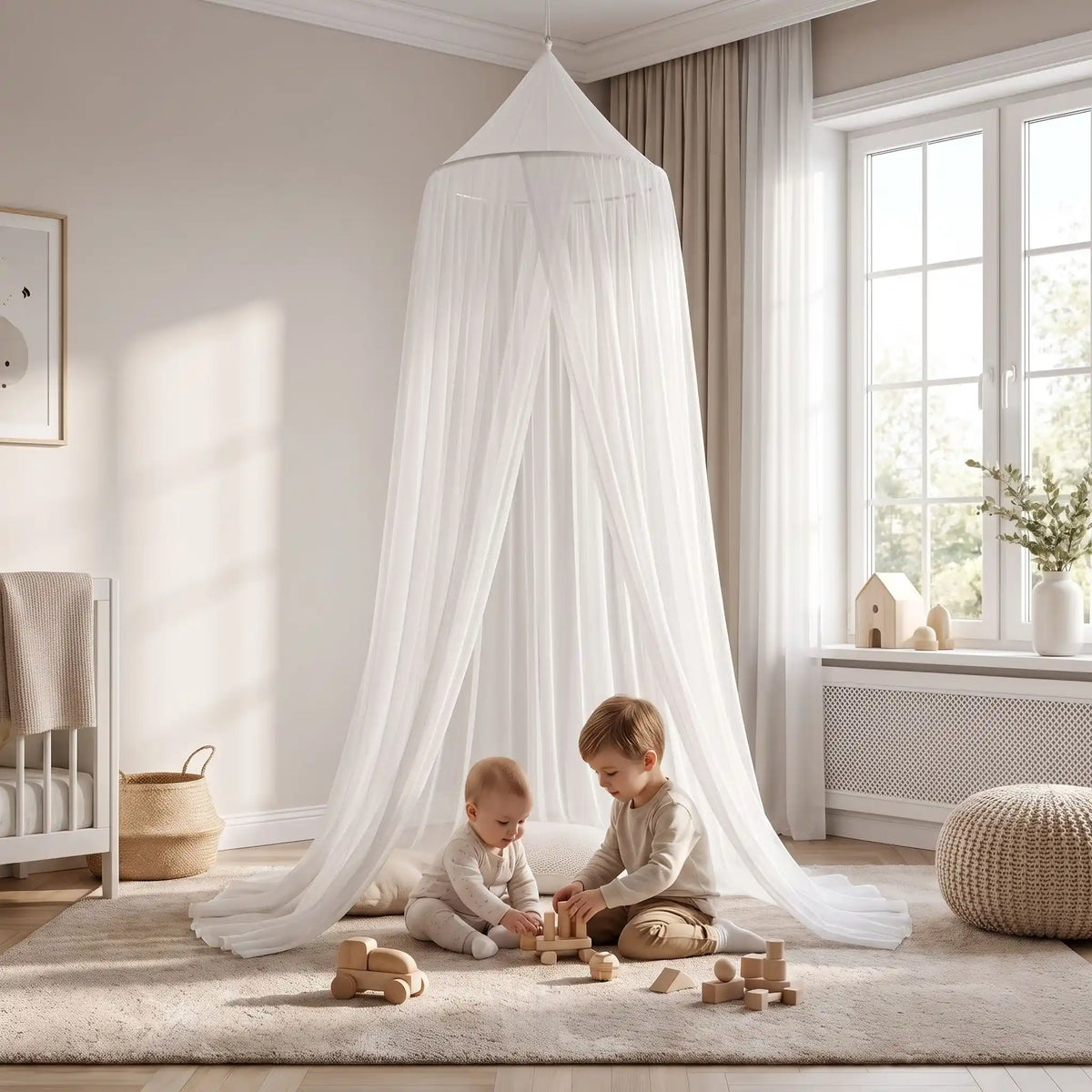 un ciel de lit blanc multi usage qui permet au enfant de jouer sans tracas