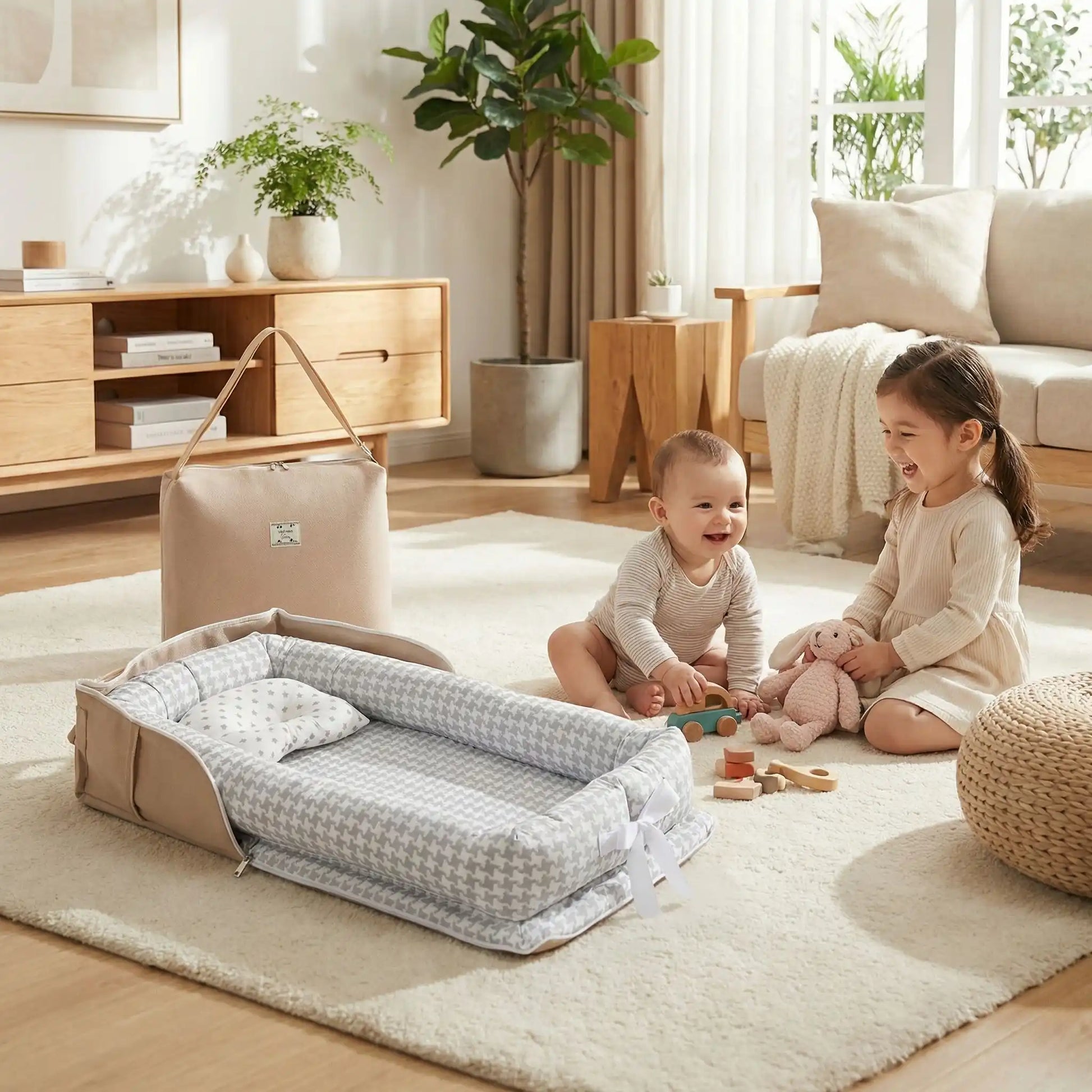 cocon-bébé-gris-chevron-beige-foncé-multifonctionnelle