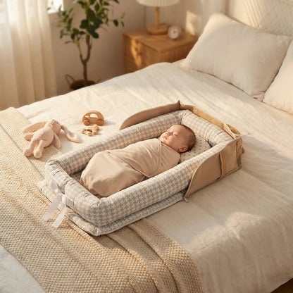 cocon-bébé-gris-chevron-beige-foncé-sécuritaire-confortable