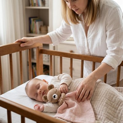 Doudou bebe rose rassuré par doudou et maman