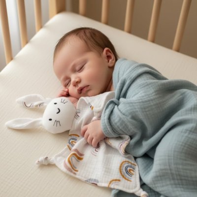 Doudou lapin arc-en-ciel aide votre bébé durant la sieste