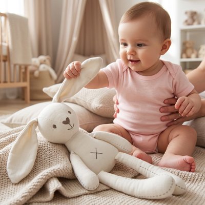 Doudou lapin blanc qui attire l'attention du bébé