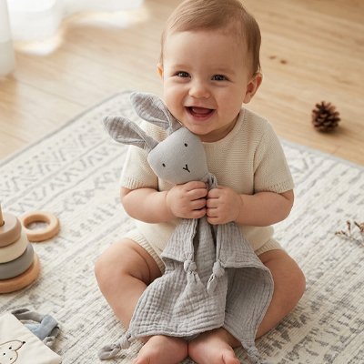 Doudou lapin gris rend le bébé heureux