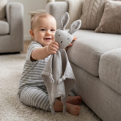 Doudou lapin gris sécurise le bébé