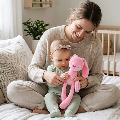 Doudou lapin rose enfant qui découvre