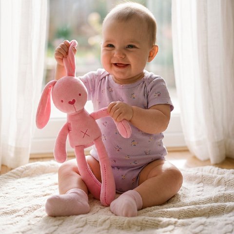 Doudou lapin rose stimule le bébé