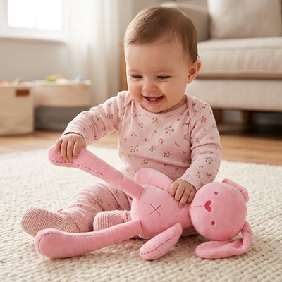 Doudou lapin rose super douillet avec enfant qui joue
