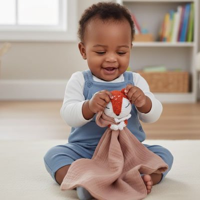 Doudou renard rose sécuritaire et soyeux pour le bébé
