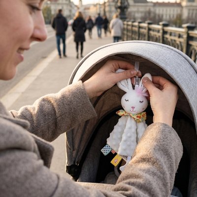 Lapin doudou blanc maman qui installe le doudou dans la poussette