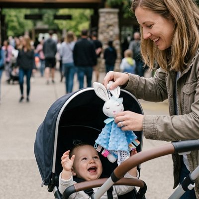 Lapin doudou bleu réconforte bébé avec maman