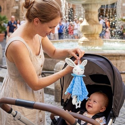 Lapin doudou bleu sécurise bébé avec maman