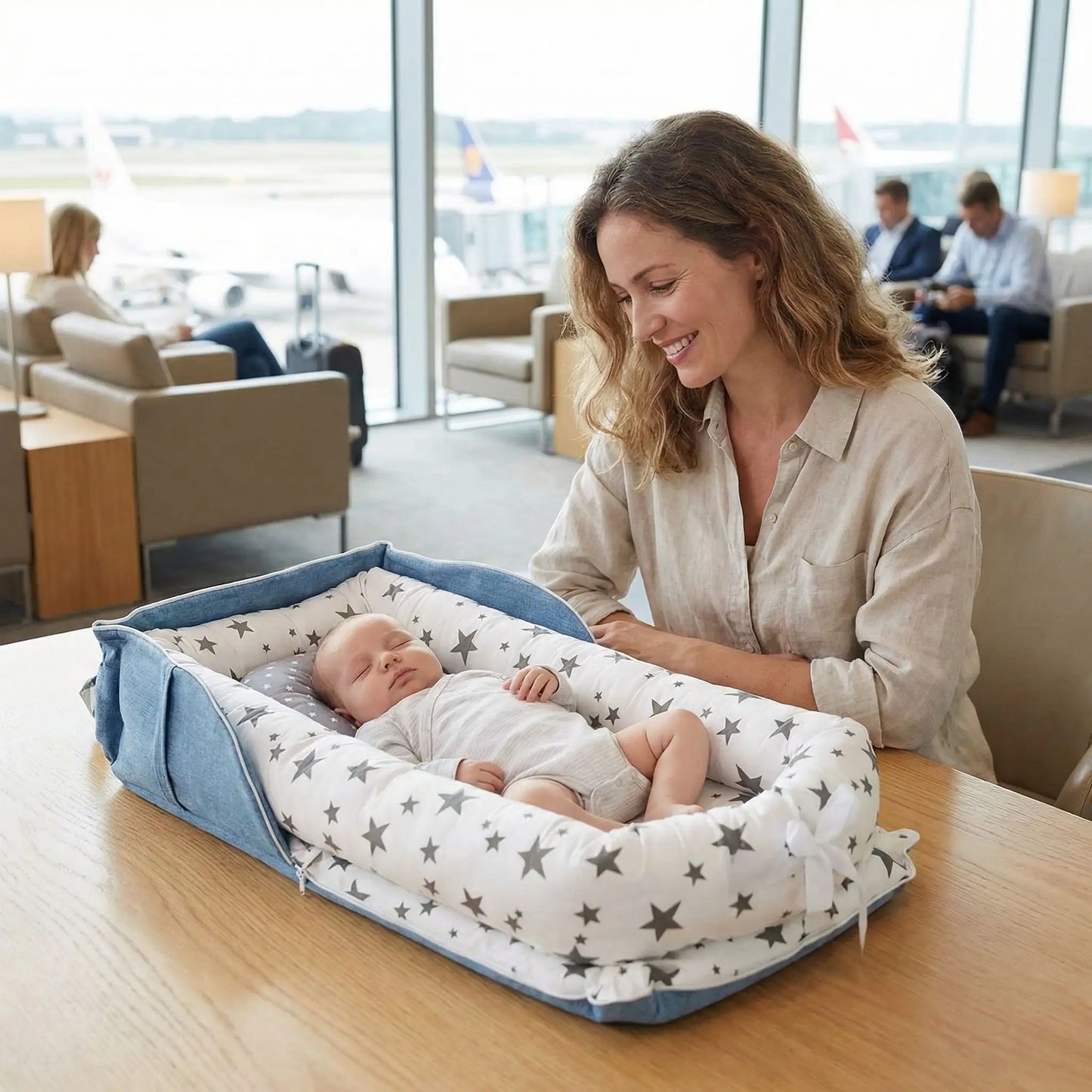 nid-pour-bébé-blanc-étoilé-bleu-transportable