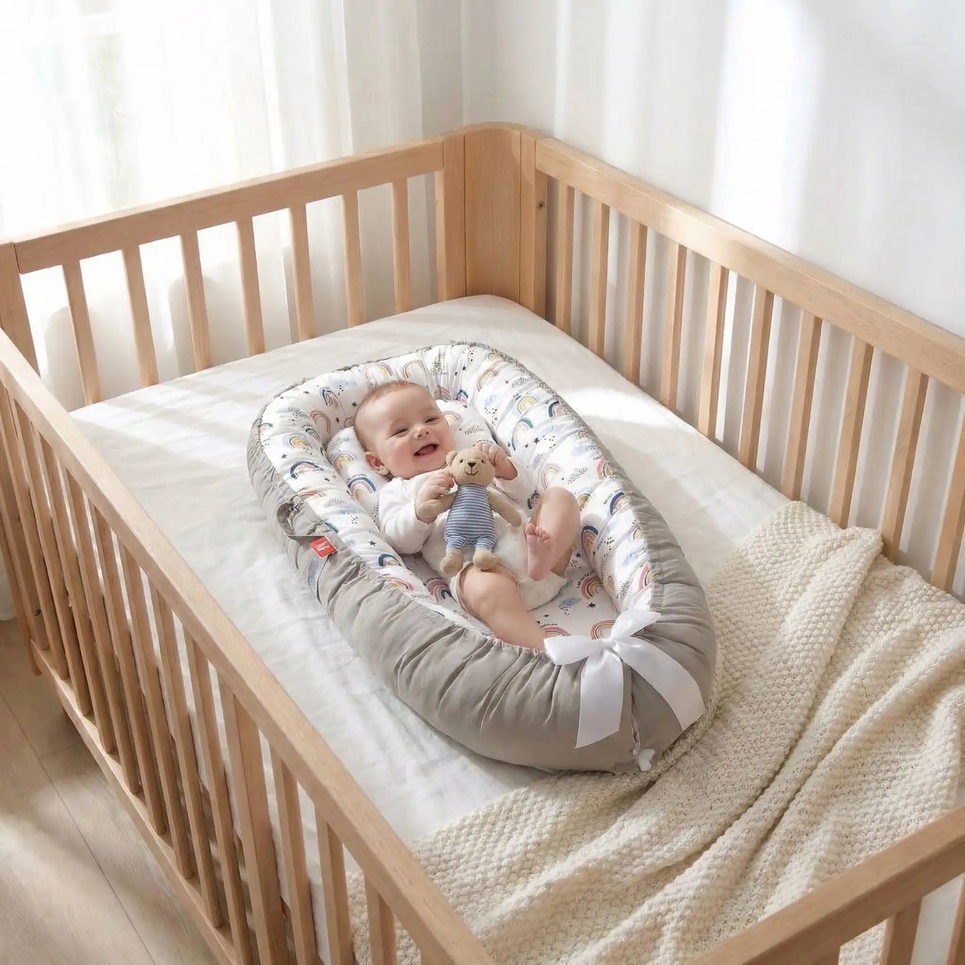 réducteur-de-lit-bébé-nidportablebebe-arc-en-ciel-stimulant-amusant