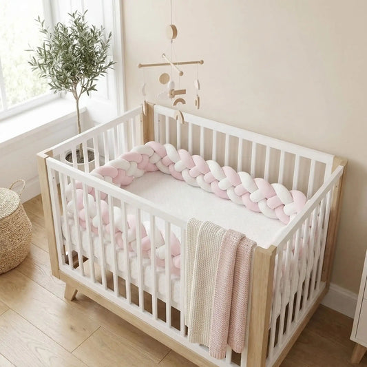 tresse-de-lit-bébé-cozyknot-rose-blanc-douce-apaisante