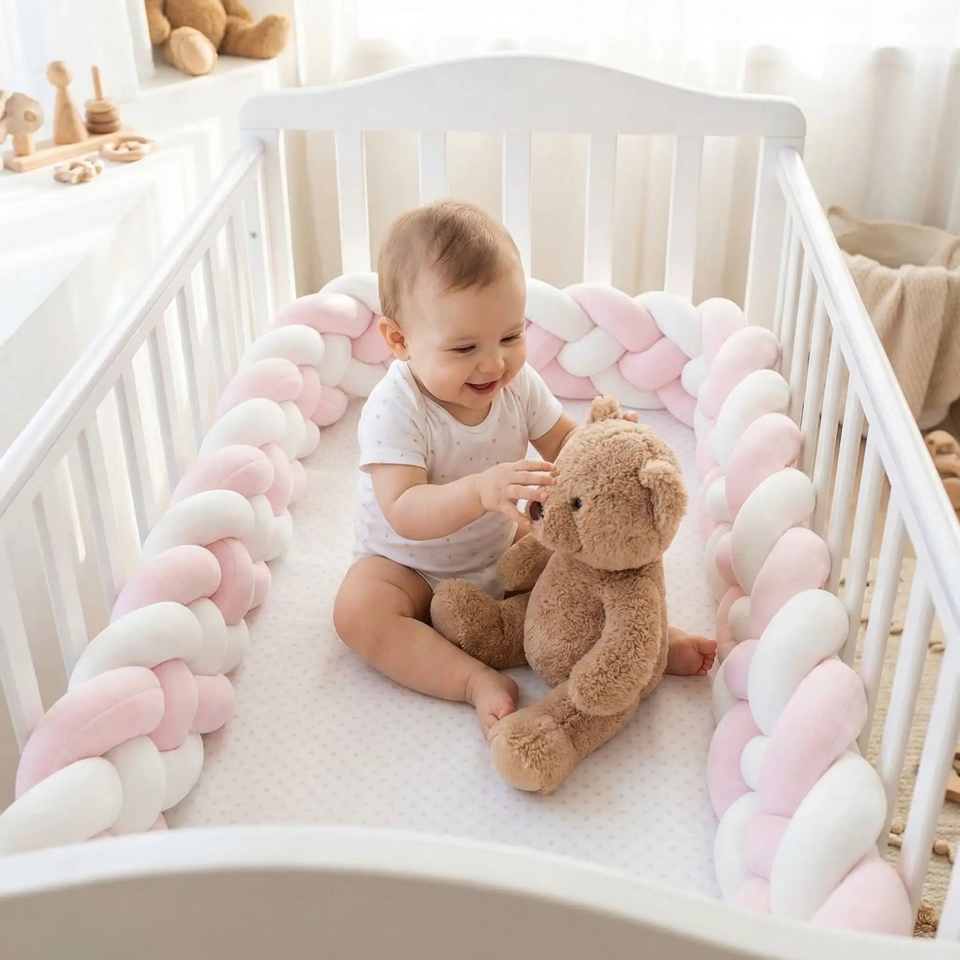 tresse-de-lit-bébé-cozyknot-rose-blanc-stimulante