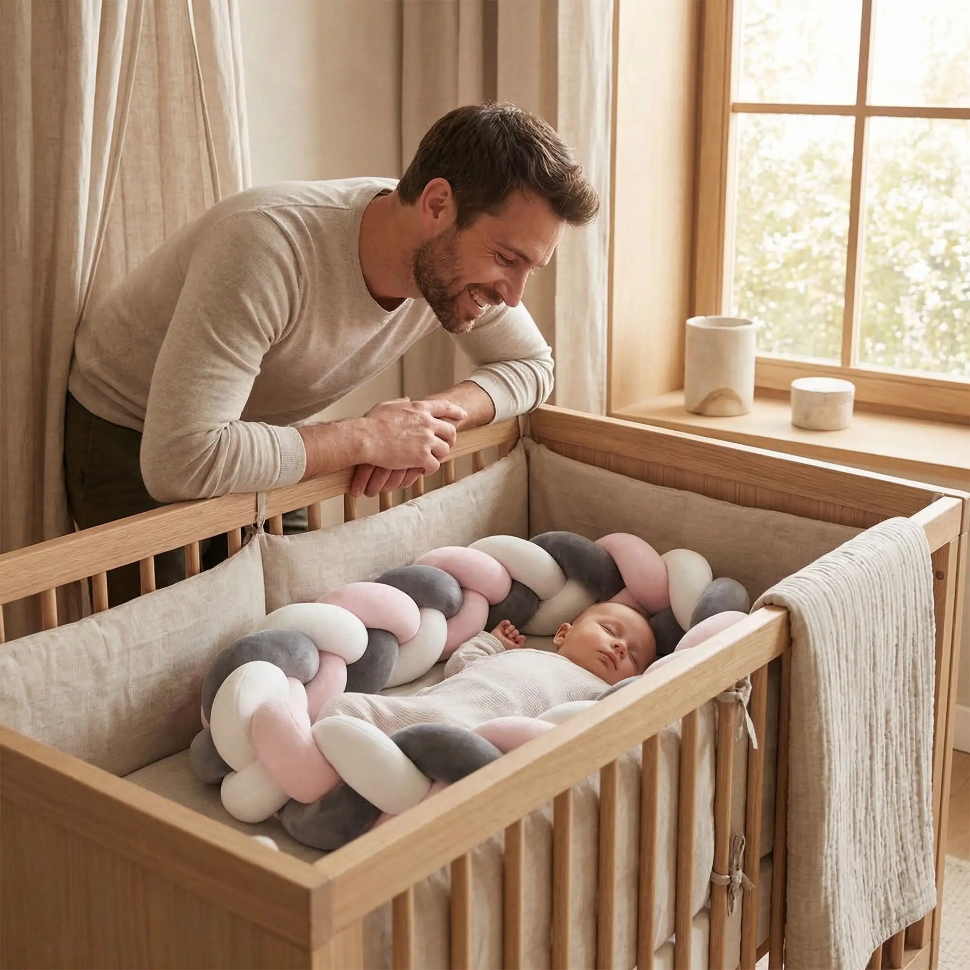 tresse-de-lit-bébé-noir-rose-blanc-sécuritaire