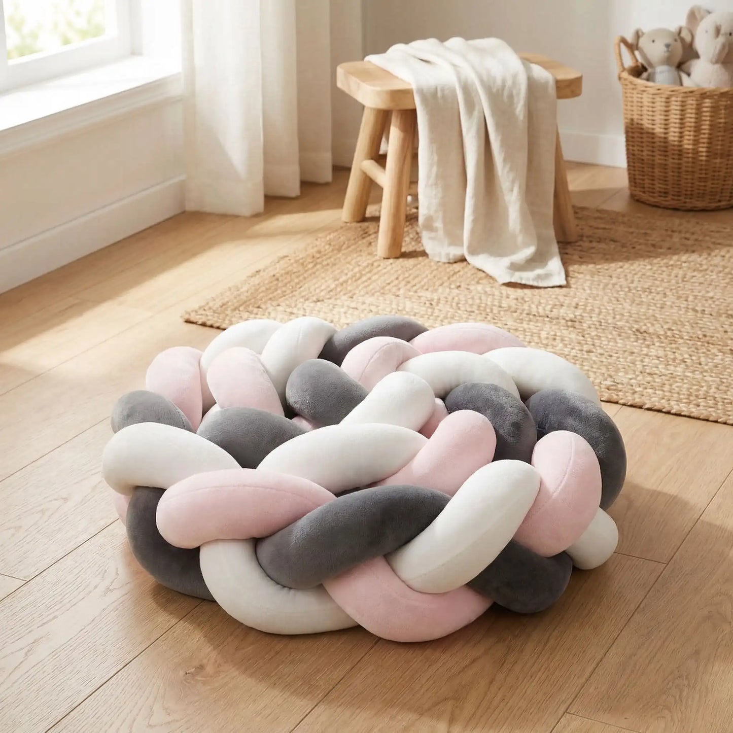 tresse-de-lit-bébé-noir-rose-blanc-tissu-douillet