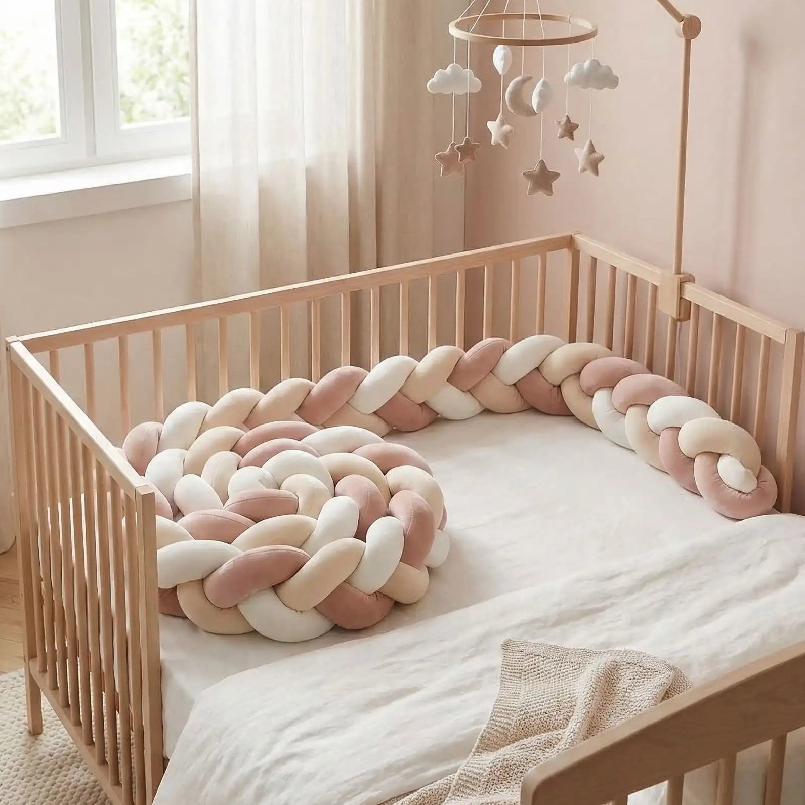 tresse-de-lit-bébé-vieux-rose-beige-blanc-ergonomique