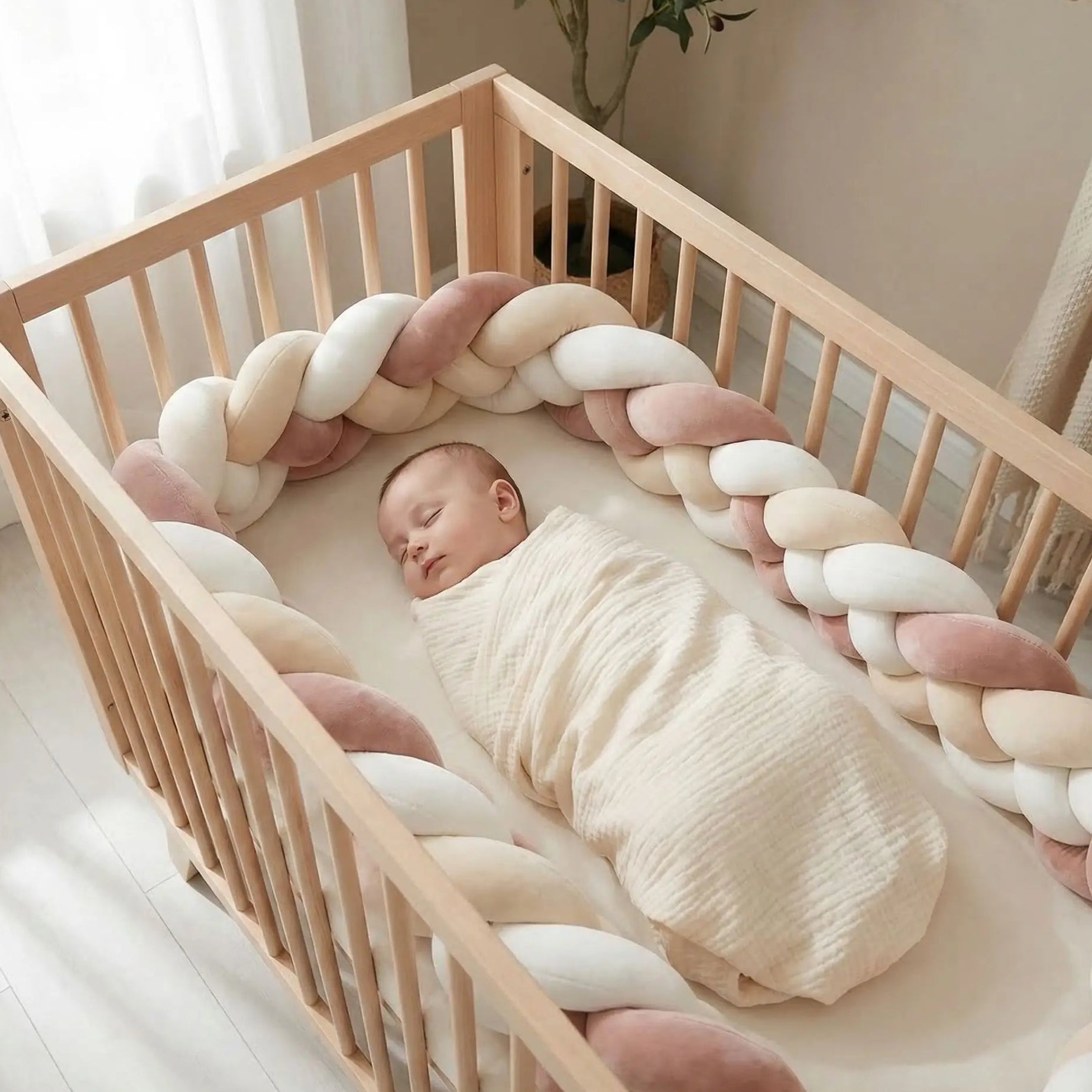 tresse-de-lit-bébé-vieux-rose-beige-blanc-protection-optimale